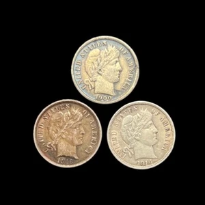 Lot of 3 - 1900-S, 1914 & 1916 Barber Dimes 10C - Higher Grades - Toned - 0264 - Picture 1 of 3