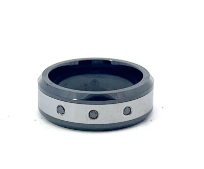 Tungsteno & Ceramica .06ct Trattato Originale Nero Diamante 8mm Smussato Fedina - Immagine 1 di 4