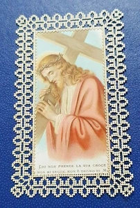 Antico Santino merlettato Ecco l'uomo con preghiera su retro Gesù con Croce  - Picture 1 of 2