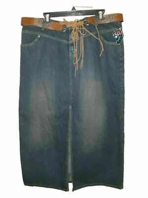 NEW NO BOUNDARIES Size 19 Long Straight Skirt Blue Denim Brown Belt - Image 1 of 4