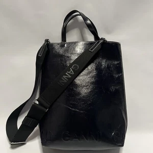 GANNI Medium Banner Leather Tote Bag Black with Leather Shoulder Strap and Bonus - Picture 1 of 18