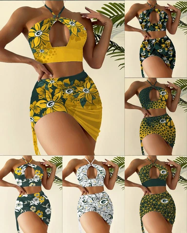 Green Bay Packers Women's 2PCS Swimsuit Cutout Halter Bikini Set With Warp Skirt Cover