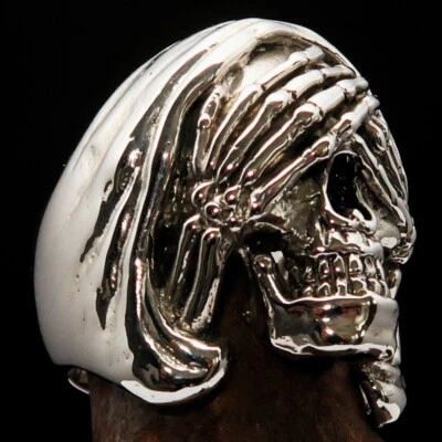 ANILLO MOTERO PLATA ESTERLINA PARA HOMBRE, ANILLO PARCA, CALAVERA MANOS EN LOS OJOS TALLA 12.5 Foto 1 de 4