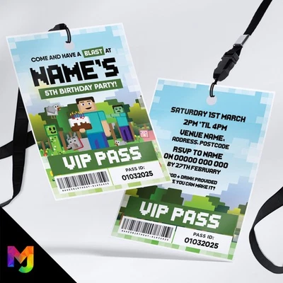 MJ DESIGN & PRINT Personalised Minecraft Style Gaming VIP Passes Lanyards Invitation Invites