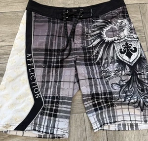 Men's Affliction  Board Shorts Swim Trunks Size 33 Black & Gray Eagle Crest - Picture 1 of 6
