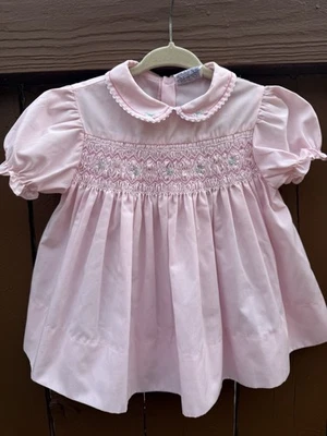 Vintage Cherubs Pink Smocked Dress Puff Sleeve Peter Pan Collar Baby Heirloom18M - Image 1 of 4