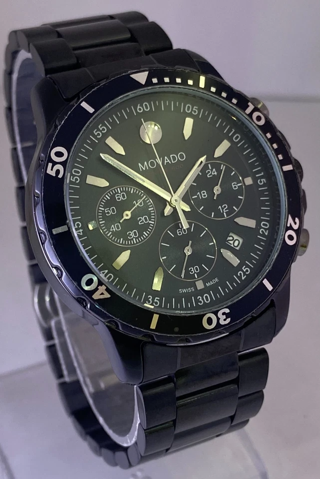 Восстановленный полностью черный хронограф Movado с датой, кварцевые часы из нержавеющей стали - Изображение 1 из 4