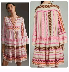 Devotion Twins Ella Cotton Dress Pink Multicolor Tiered Small Tunic V-Neck - Picture 1 of 16