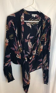 Patrons Of Peace blue multi floral Rayon boho top Blouse M India Tie Front - Picture 1 of 6