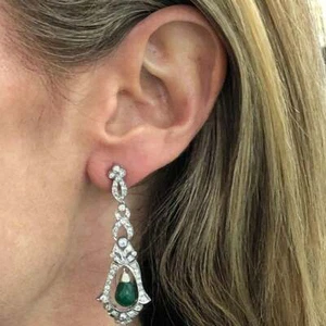 Fancy Green Emerald & Cubic Zirconia Art Deco Style Drop Earrings In 925 Silver - Picture 1 of 7