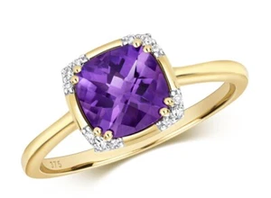 Real Amethyst and Diamond Ring Solid Yellow Gold 7mm Cushion Solitaire Size J-Q - Picture 1 of 4