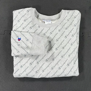 Champion Reverse Weave Damen-Sweatshirt mittelgrau All Over Spell Out Neu ohne Etikett - Bild 1 von 7