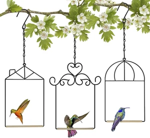 3PK Metal Frame Hummingbird Swings and Perches with Wooden Dowel Black Bird Swin - Picture 1 of 7