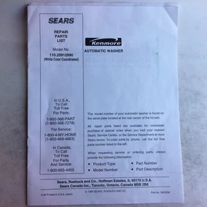 Kenmore Automatic Washer Repair Parts List Model Number 110.20912990 White Color - Picture 1 of 3