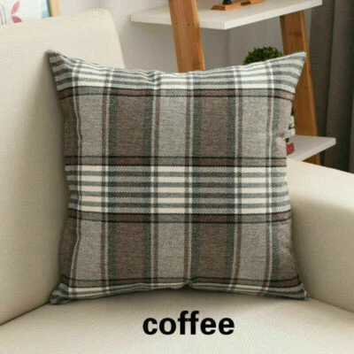 Cotton Linen Plaid Cushions Cover THROW PILLOW CASE Sofa Car Home Decor Zip Up - Image 1 of 4