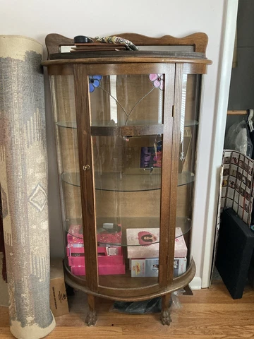 Vintage  OAK CURIO CABINET - Curved Front Glass w/ Stained Glass Accents Cover