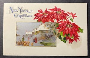 Auguri di Capodanno disegno stampato cprt John Winsch 1912 Poinsetita in rilievo - Foto 1 di 2