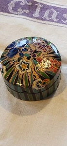 Trinket box lacquered paper mache flowers hand Painted Round - Picture 1 of 7