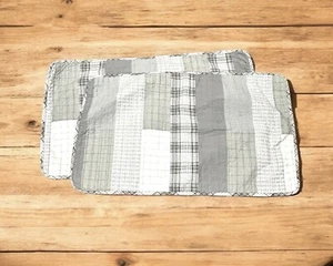 Pair Eddie Bauer Home Gray Pillow Shams King Gray Plaid Patchwork Quilted - Picture 1 of 11
