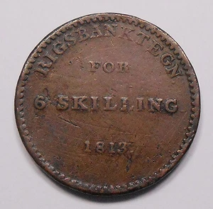 Denmark 1813 For 6 Skillings Tn1 F ** KEY Rigsbanktegn RARE Copper Token Coinage - Picture 1 of 2