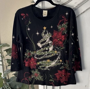 Jess & Jane USA Women Medium Christmas Magic Shirt Black Holiday Poinsettia Tree - Picture 1 of 6