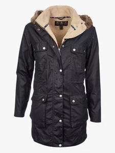 NEW £269 Women’s BARBOUR Carribena Black Wax Jacket Detachable Hood Sherpa UK 8 - Picture 1 of 20