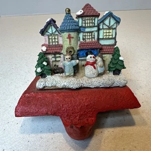 Vintage Cast Iron Stocking Holder Village Scene Building A Snowman - Picture 1 of 13