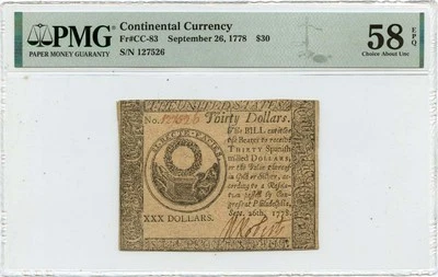 1778 September 26, $30 Continental Currency FR#CC-83 PMG AU58 EPQ - Image 1 of 2