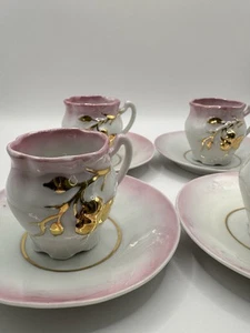 Antique Porcelain Demitasse Cups & Saucers Set of 4 Pink & Gold Hand Painted - Picture 1 of 14