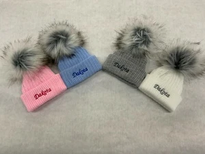 Personalised Unisex Baby Boy Girl Hat Faux Pom Pom Baby Shower Gift Name Year - Picture 1 of 11