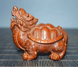 2.4" Old Chinese Marked Boxwood Carving Fengshui Dragon Turtle Beast Sculpture - Picture 1 of 9