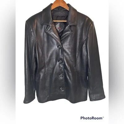 TIBOR Leather Coat Jacket Womens Large Black Butter Soft Lined Button - Image 1 of 4