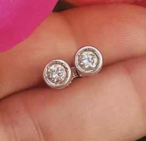 2Ct Round Cut Real Moissanite Bezel Set Stud Earring 14K White Gold Plated 5mm - Picture 1 of 7