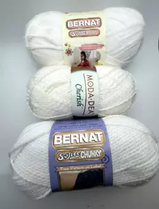 Mixed Lot of 3 NEW Baby Soft WHITE Yarn Skeins; Bernat + more, different weights - Picture 1 of 18