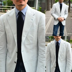 White Seersucker Men's Jacket Leisure Notch Lapel Blazer Slim Fit Tuxedos Coat - Picture 1 of 11