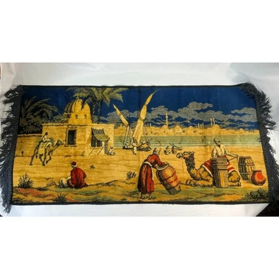 De colección Tapiz de Oriente Medio Mercado Camellos Azul Marino Marrón Flecos Sin Marca 19x40  Foto 1 de 4