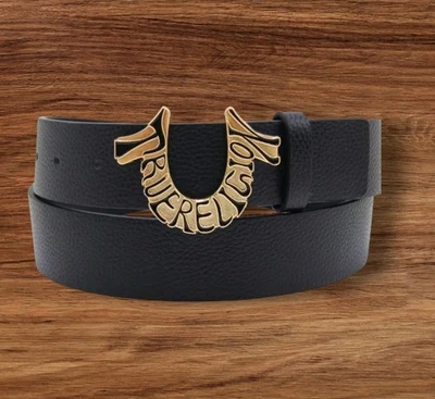 True Religion Hombres Shoup Logo Hebilla Cinturón Herradura Negro Dorado Talla 38 Lujo  Foto 1 de 2