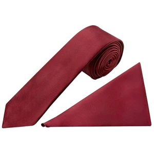 Hand Made Plain Maroon Red Satin Skinny Men's Tie and Handkerchief Set Wedding - Bild 1 von 4