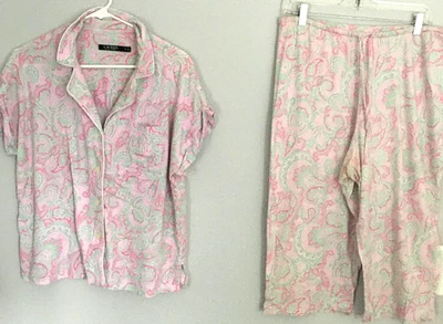 Conjunto de pijama Lauren Ralph Lauren para mujer Petite L rosa verde cachemira algodón logotipo LRL Foto 1 de 4