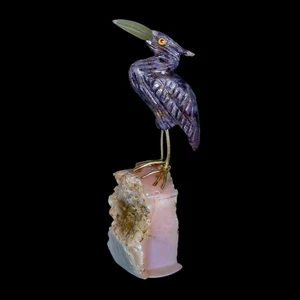 3.6" Hand Carved Bird Perched on Calcite Shore Bird, Pink Calcite, Amethyst Peru - Picture 1 of 8