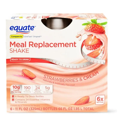 Batido de repuesto Equate Meal fresas y crema 11 oz paquete de 6 proteínas nutrición Foto 1 de 4