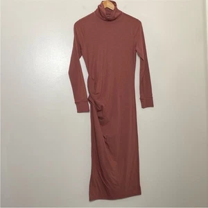 Athleta Industry Turtleneck Dress Sheath Midi in Havana Brown Ruched Side Sz S - Picture 1 of 13