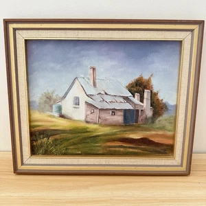 Vintage Original Oil Painting Signed White Farmhouse Landscape Wooden Frame - Foto 1 di 16