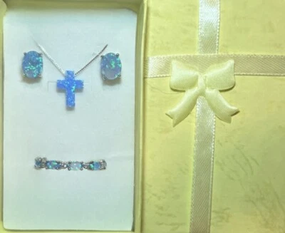 DEAL! Elegant Blue Fire Opal Small Cross Necklace, Earrings, Eternity Ring 9 Set - Image 1 of 4