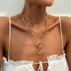 Butterfly Pendant Multilayer Necklace Pearl Metal Choker Clavicle Chain Women - Picture 1 of 14