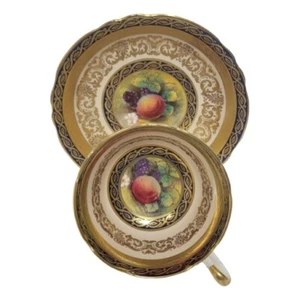 PARAGON Porcelain Tea Cup and Saucer Cobalt BLUE Gold FRUITS Signed Hall - SET A - Picture 1 of 11