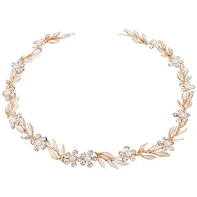  Bride Leaf Pearl Crystal Gold Hair Vine Headband with Flowers - Wedding  - Image 1 of 4