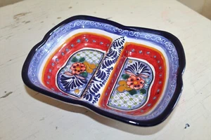 Talavera Pueblo Mexico Divided Bowl Hand Painted Lead Free Charm Hermanos Flores - Picture 1 of 8