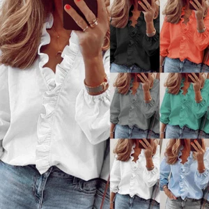 Womens Ruffle V Neck Shirts Ladies Work Office Long Sleeve Blouse Tops Size 6-20 - Picture 1 of 14