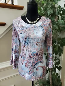 Gloria Vanderbilt Womens Multi Paisley Long Sleeve Round Neck Top Blouse Medium - Picture 1 of 11